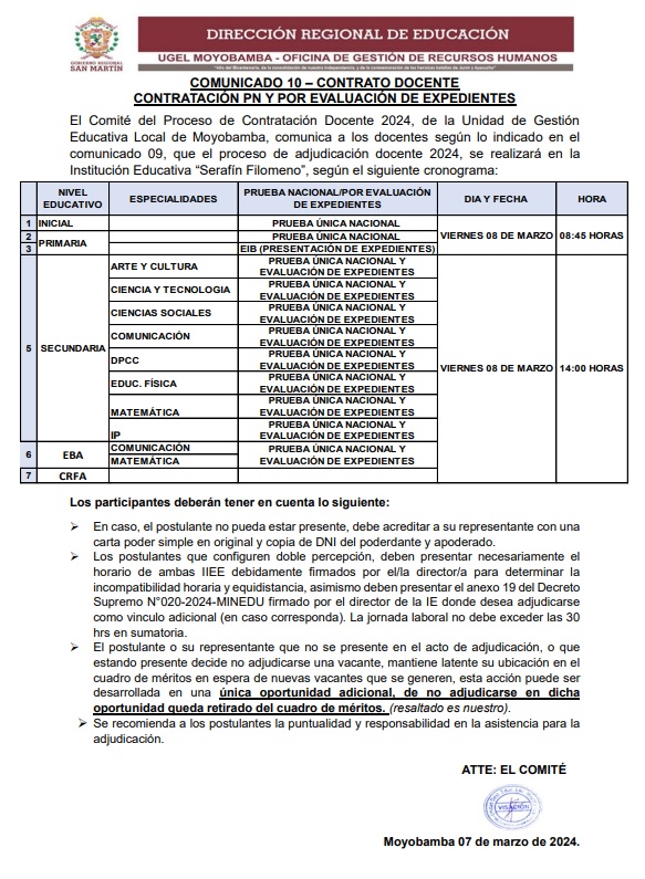 📢📍𝐂𝐎𝐌𝐔𝐍𝐈𝐂𝐀𝐃𝐎 10 - CONTRATO DOCENTE CONTRATACIÓN PN Y POR EVALUACIÓN DE EXPEDIENTES