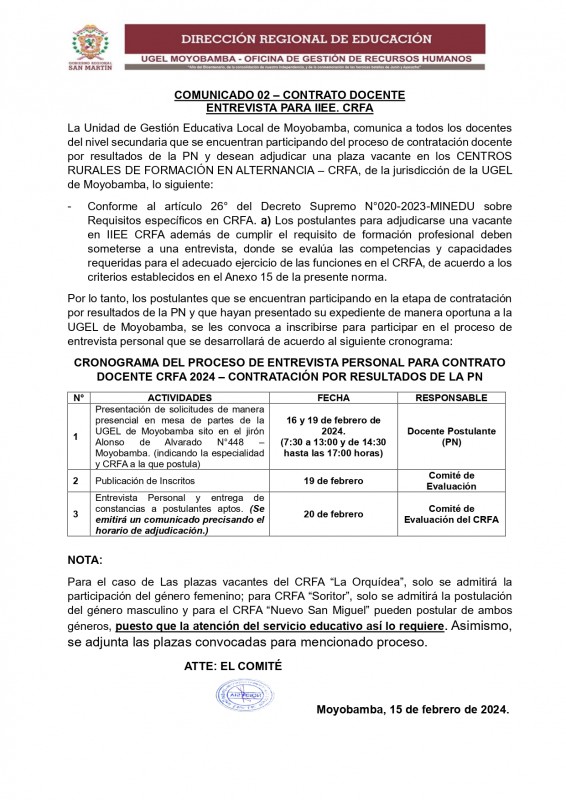 COMUNICADO 02 – CONTRATO DOCENTE ENTREVISTA PARA IIEE. CRFA