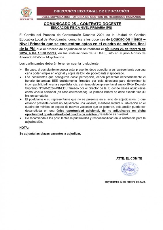 COMUNICADO 05 – CONTRATO DOCENTE  EDUCACIÓN FÍSICA NIVEL PRIMARIA (PN)