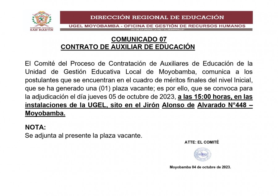 📍COMUNICADO 07 - CONTRATO DE AUXILIAR DE EDUCACIÓN