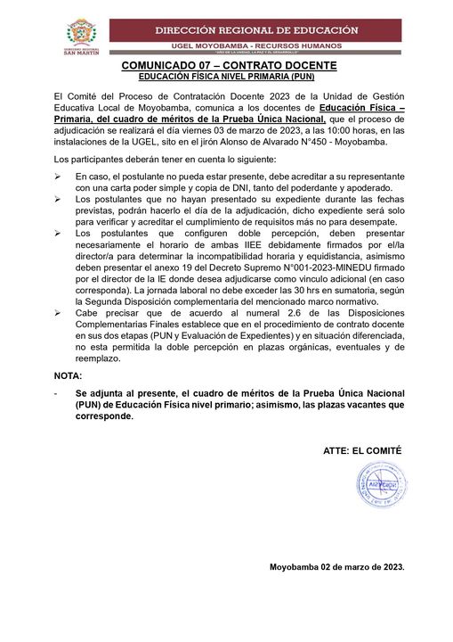 📌COMUNICADO 07 – CONTRATO DOCENTE - EDUCACIÓN FÍSICA NIVEL PRIMARIA (PUN)