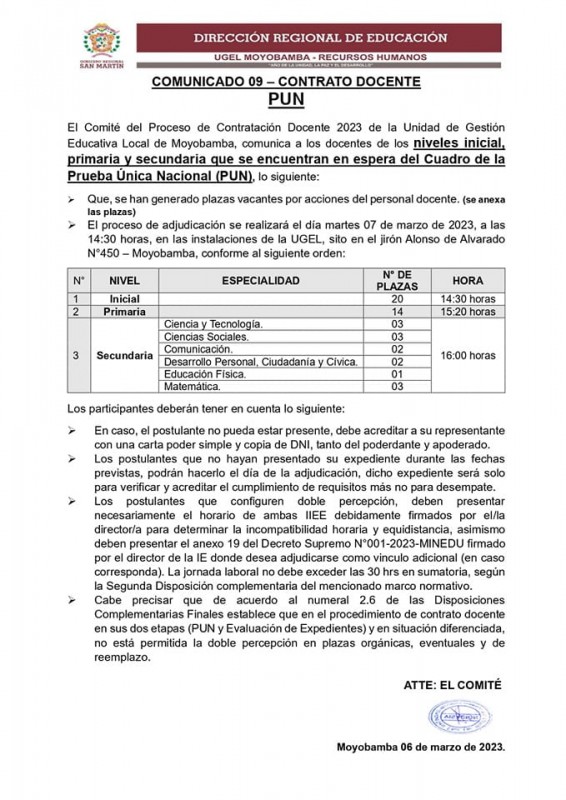 📌COMUNICADO 09 – CONTRATO DOCENTE PUN