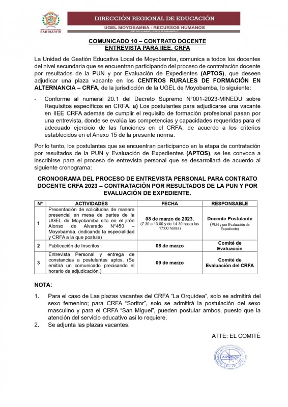 📌COMUNICADO 10 – CONTRATO DOCENTE - ENTREVISTA PARA IIEE. CRFA