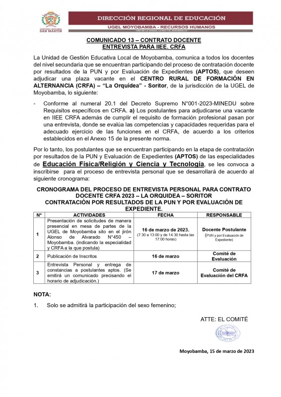 📌COMUNICADO 13 – CONTRATO DOCENTE ENTREVISTA PARA IIEE. CRFA