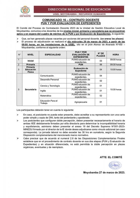 📌COMUNICADO 16 – CONTRATO DOCENTE PUN Y POR EVALUACIÓN DE EXPEDIENTES