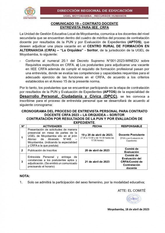 📌COMUNICADO 19 – CONTRATO DOCENTE ENTREVISTA PARA IIEE. CRFA