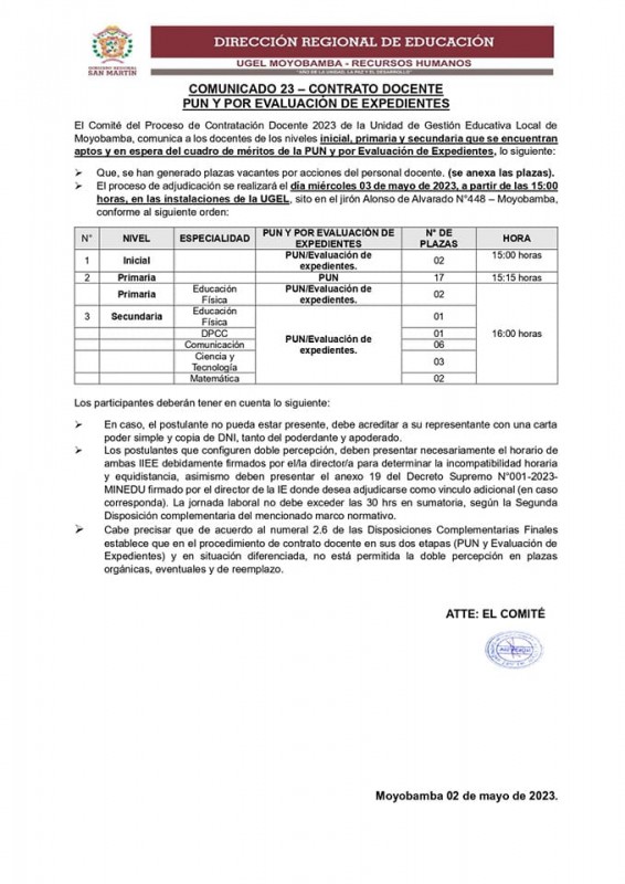 📌COMUNICADO 23 – CONTRATO DOCENTE PUN Y POR  EVALUACIÓN DE EXPEDIENTES