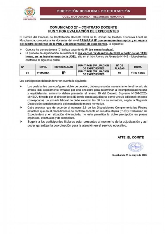 📌COMUNICADO 27 – CONTRATO DOCENTEPUN Y POR EVALUACIÓN DE EXPEDIENTES