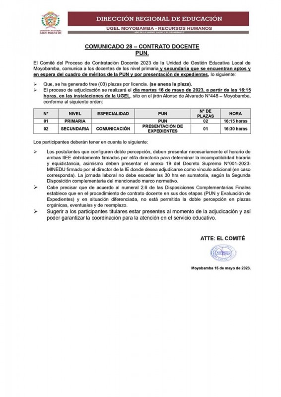 📌COMUNICADO 28 – CONTRATO DOCENTE PUN.