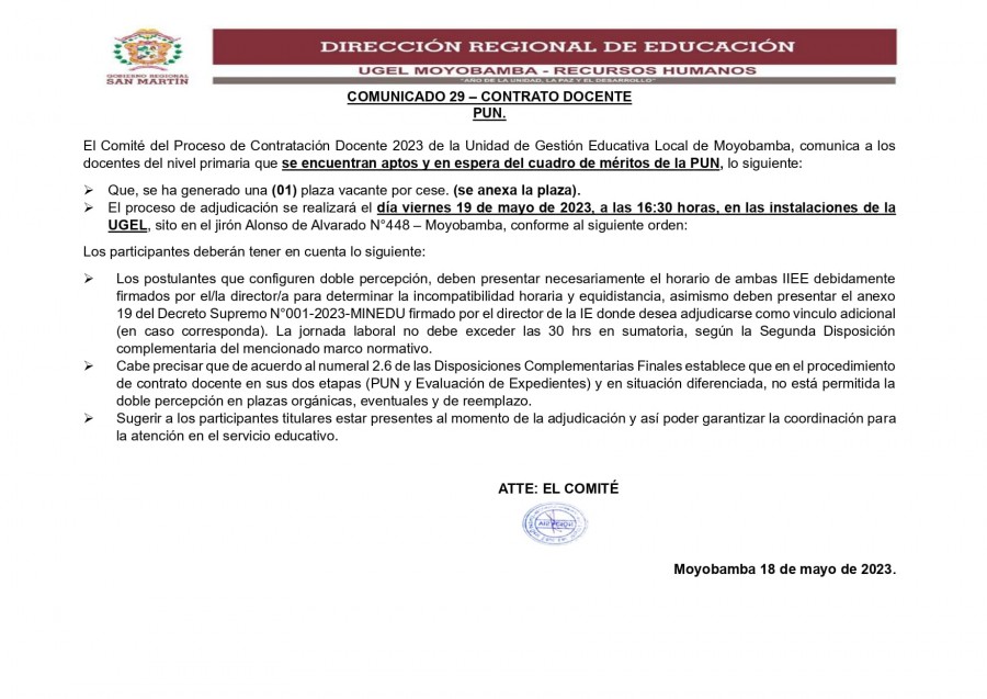 📌COMUNICADO 29 – CONTRATO DOCENTEPUN.