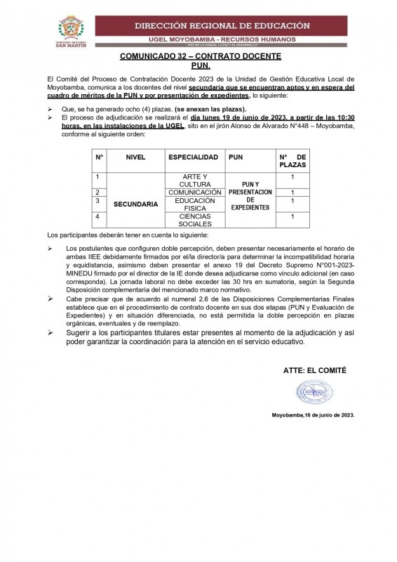 📌COMUNICADO 32 – CONTRATO DOCENTEPUN.