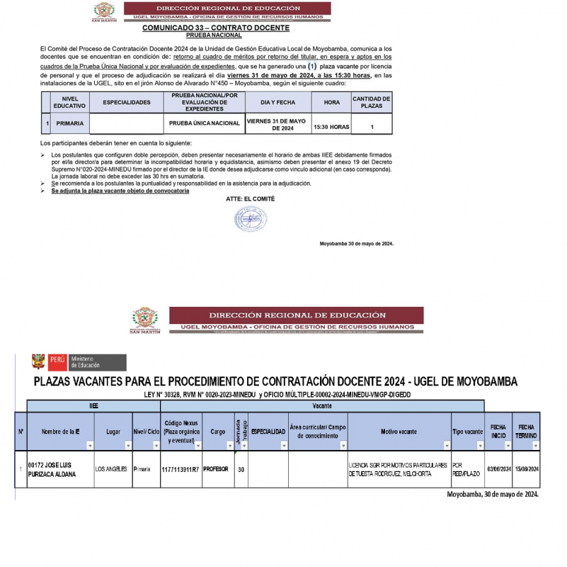 📌COMUNICADO 33 – CONTRATO DOCENTE PRUEBA NACIONAL