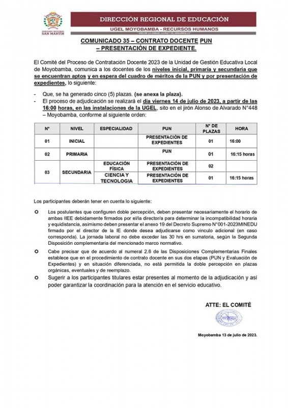 📌COMUNICADO 35 – CONTRATO DOCENTE PUN – PRESENTACIÓN DE EXPEDIENTE.