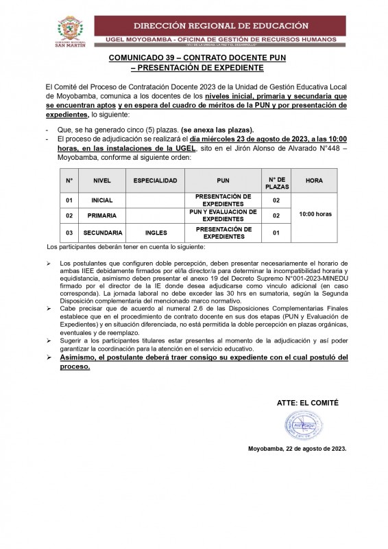 📍COMUNICADO 39 – CONTRATO DOCENTE PUN – PRESENTACIÓN DE EXPEDIENTE.