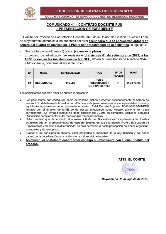 📍COMUNICADO 41 – CONTRATO DOCENTE PUN – PRESENTACIÓN DE EXPEDIENTE.