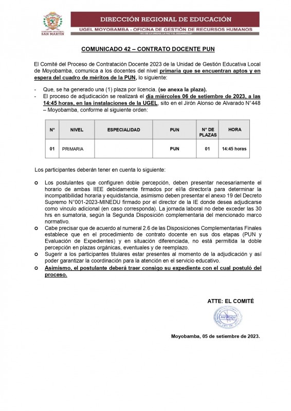 📍COMUNICADO 42 – CONTRATO DOCENTE PUN