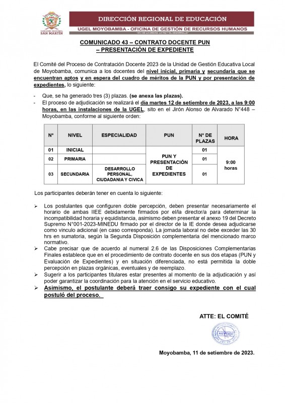 📍COMUNICADO 43 – CONTRATO DOCENTE PUN – PRESENTACIÓN DE EXPEDIENTE.