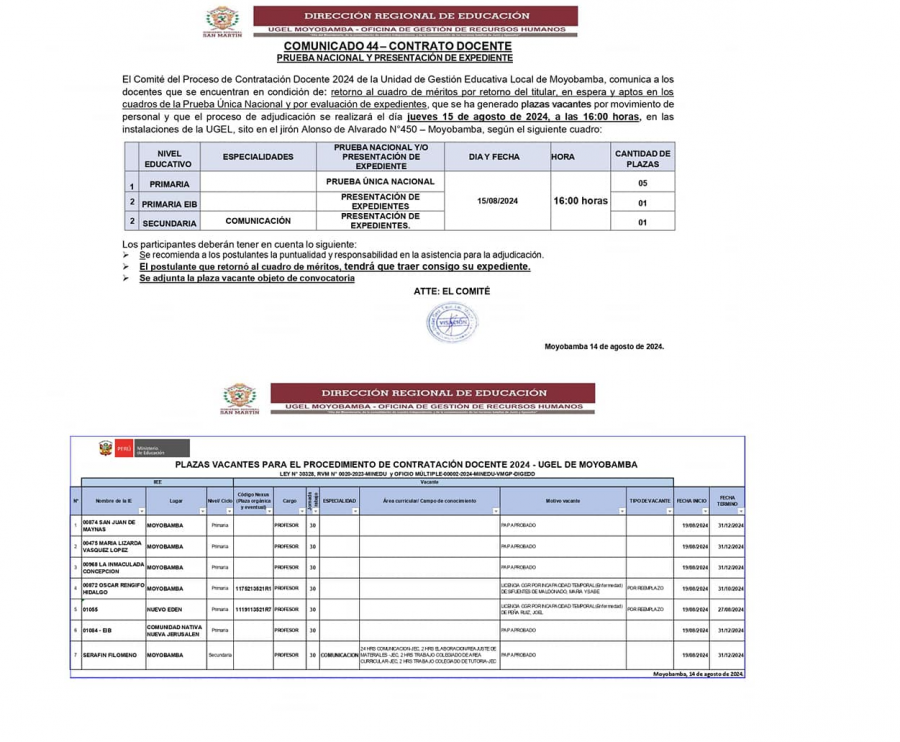 📌COMUNICADO 44– CONTRATO DOCENTEPRUEBA NACIONAL Y PRESENTACIÓN DE EXPEDIENTE.