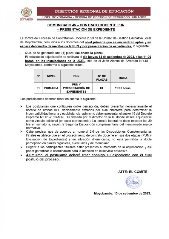 📌COMUNICADO 45 – CONTRATO DOCENTE PUN – PRESENTACIÓN DE EXPEDIENTE