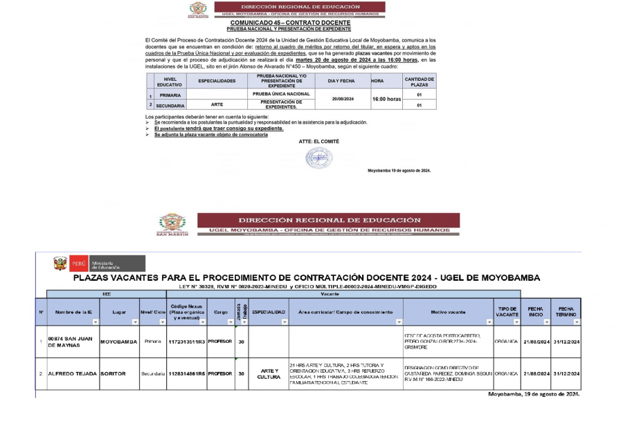 📌COMUNICADO 45– CONTRATO DOCENTEPRUEBA NACIONAL Y PRESENTACIÓN DE EXPEDIENTE.