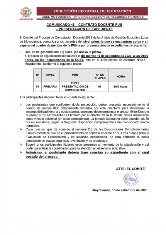 📌COMUNICADO 46 – CONTRATO DOCENTE PUN – PRESENTACIÓN DE EXPEDIENTE