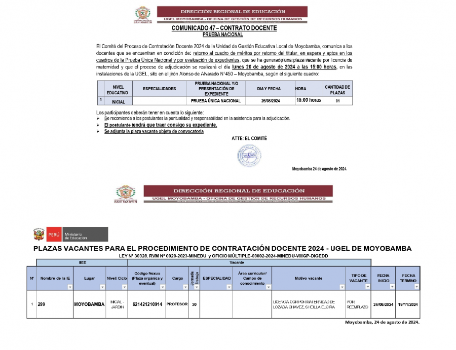 📍COMUNICADO 47 – CONTRATO DOCENTE - PRUEBA NACIONAL