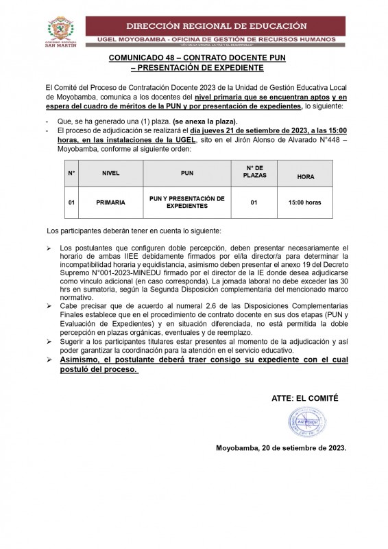 📍COMUNICADO 48 – CONTRATO DOCENTE PUN – PRESENTACIÓN DE EXPEDIENTE