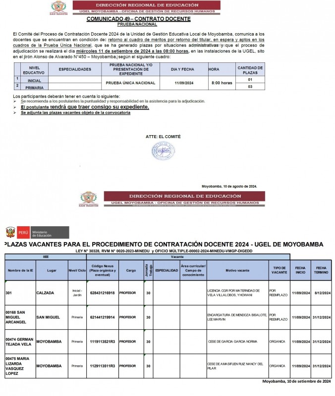 📌COMUNICADO 49 - CONTRATO DOCENTE - PRUEBA NACIONAL