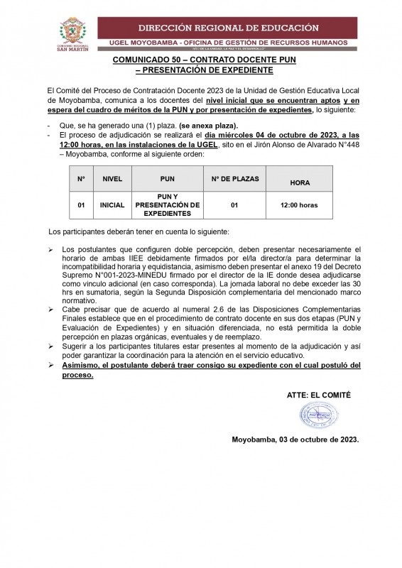 📍COMUNICADO 50 – CONTRATO DOCENTE PUN – PRESENTACIÓN DE EXPEDIENTE.