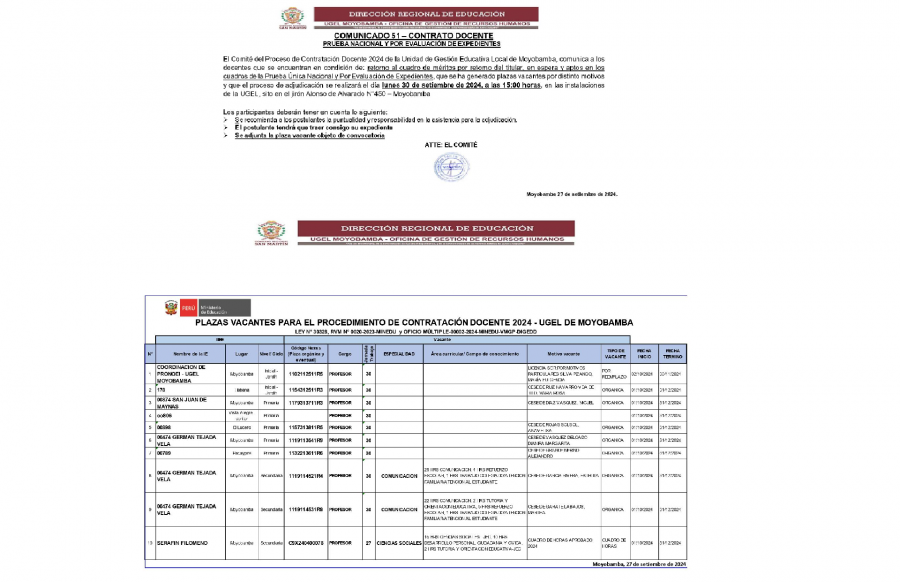 📌COMUNICADO 51 – CONTRATO DOCENTE, PRUEBA NACIONAL Y POR EVALUACIÓN DE EXPEDIENTES