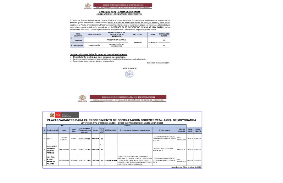 📍COMUNICADO 52– CONTRATO DOCENTE PRUEBA NACIONAL – PRESENTACIÓN DE EXPEDIENTES