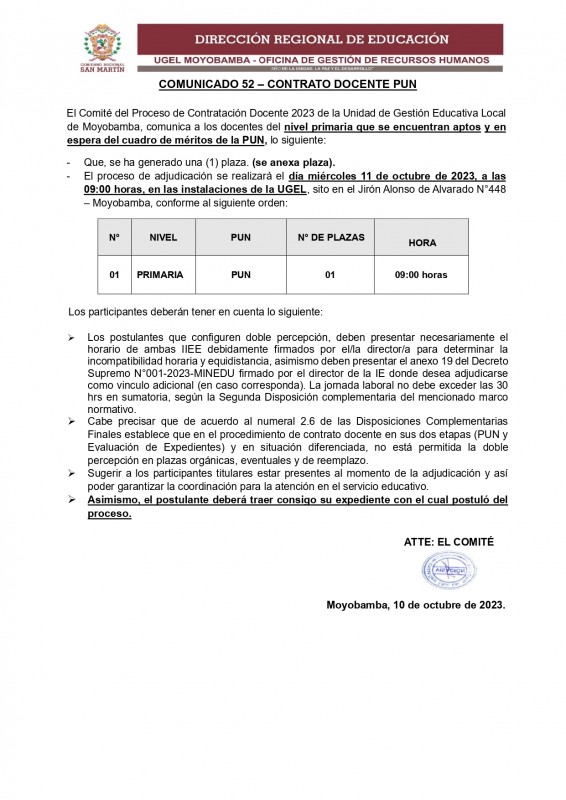 📍COMUNICADO 52 – CONTRATO DOCENTE PUN