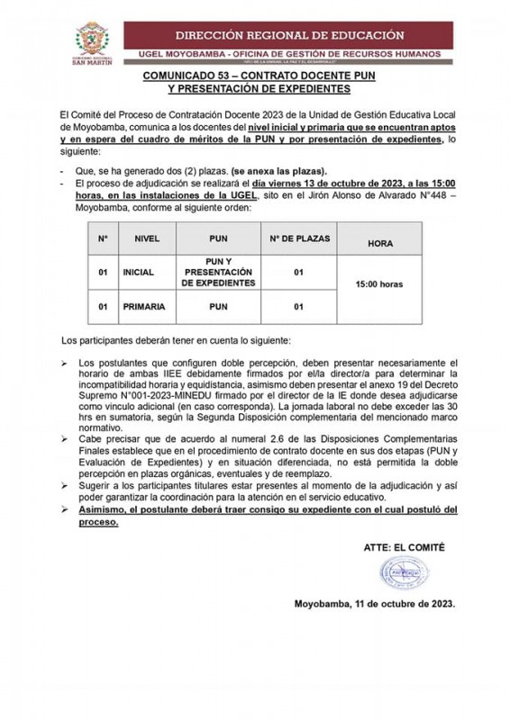 📌 COMUNICADO 53 - CONTRATO DOCENTE PUN Y PRESENTACIÓN DE EXPEDIENTES