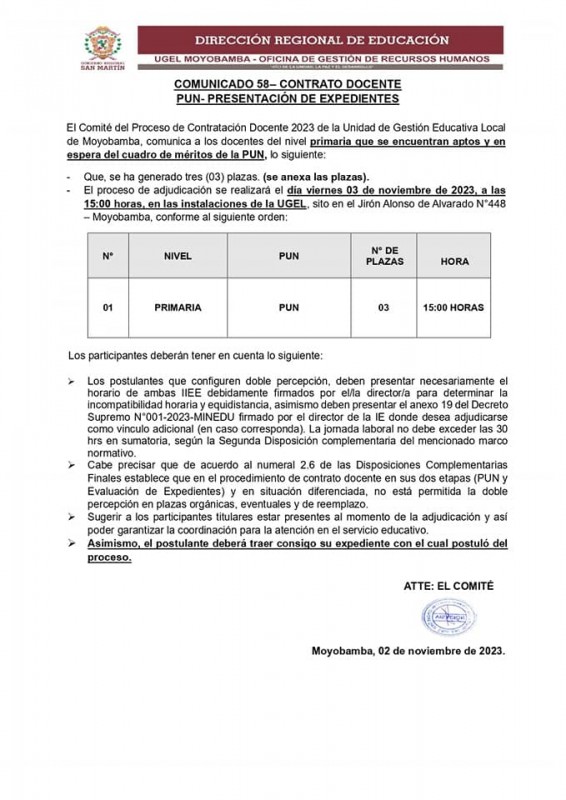 📌 COMUNICADO 58 - CONTRATO DOCENTE PUN - PRESENTACIÓN DE EXPEDIENTES