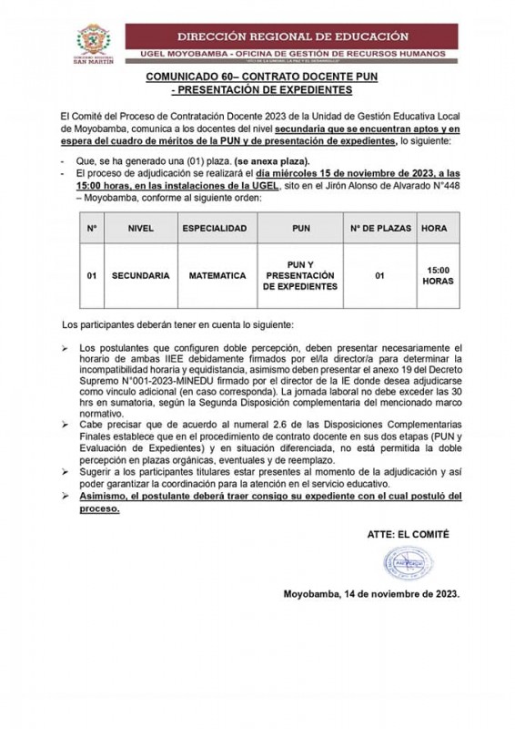 📌COMUNICADO 60– CONTRATO DOCENTE PUN- PRESENTACIÓN DE EXPEDIENTES.