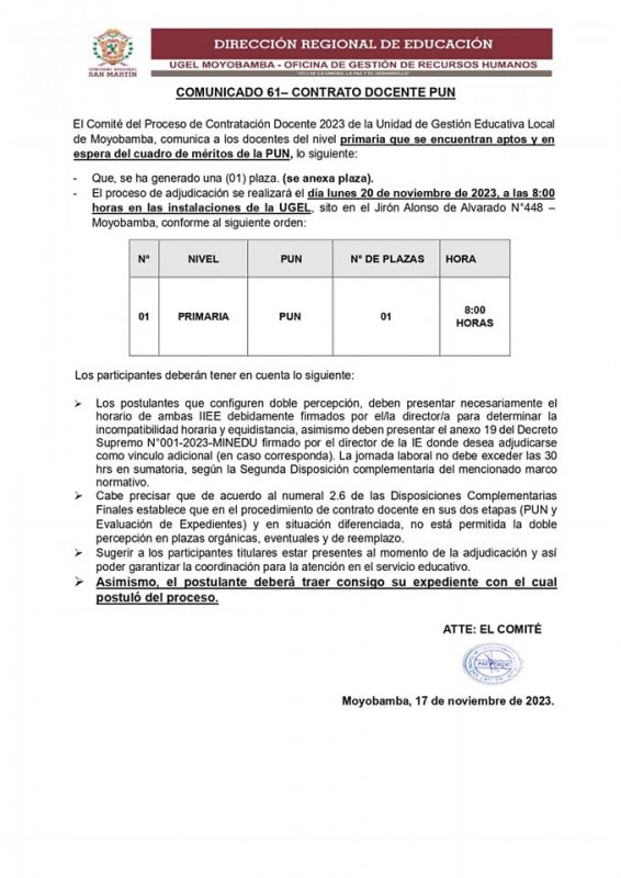 📌COMUNICADO 61– CONTRATO DOCENTE PUN