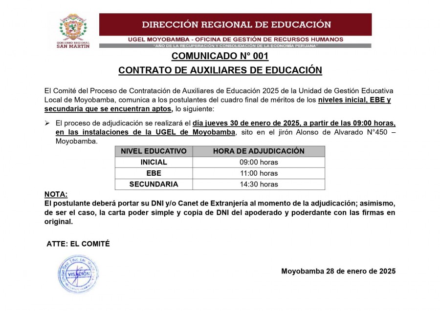 COMUNICADO N° 001 - CONTRATO DE AUXILIARES DE EDUCACIÓN