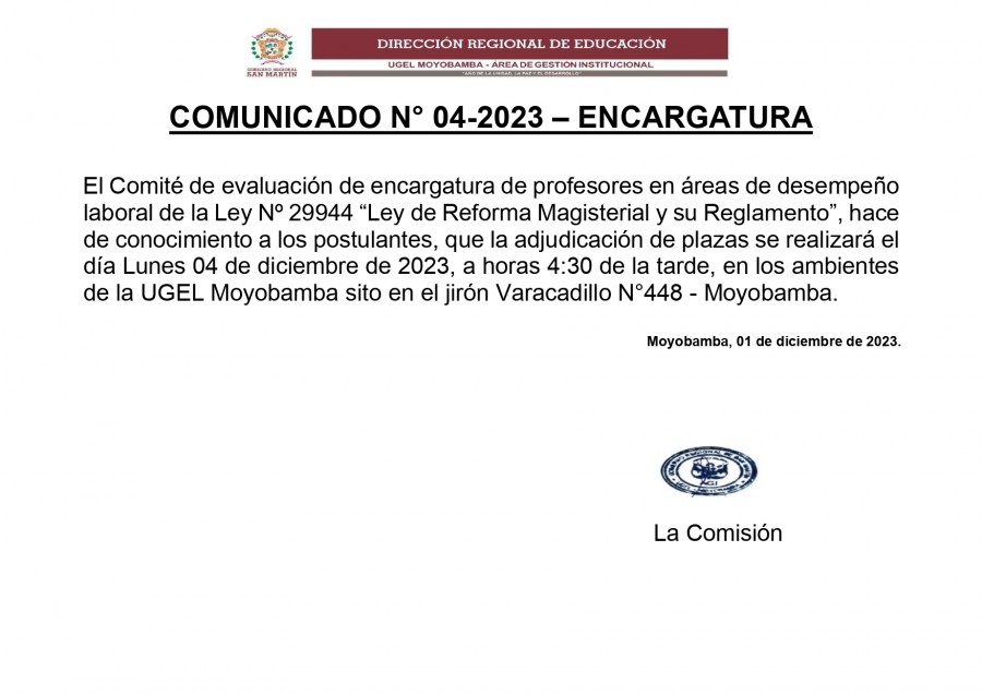 📍COMUNICADO N° 04-2023 – ENCARGATURA