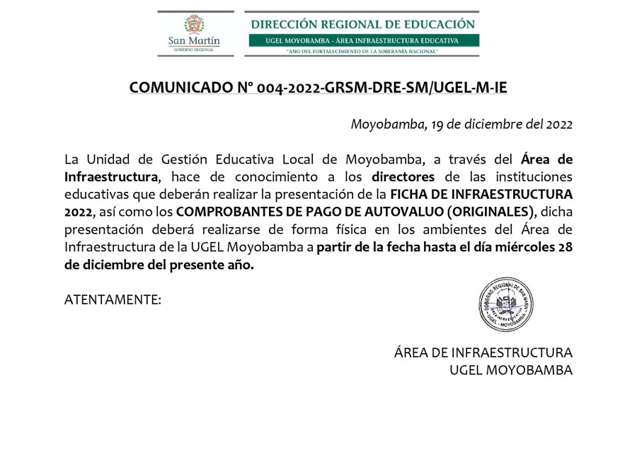 COMUNICADO Nº 004-2022-GRSM-DRE-SM/UGEL-M-IE