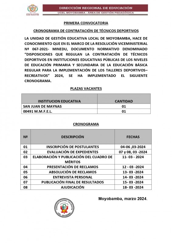 CRONOGRAMA DE CONTRATACIÓN DE TÉCNICOS DEPORTIVOS