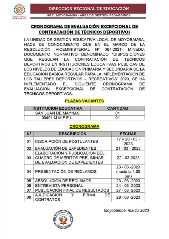 📌CRONOGRAMA DE EVALUACIÓN EXCEPCIONAL DE CONTRATACIÓN DE TÉCNICOS DEPORTIVOS.