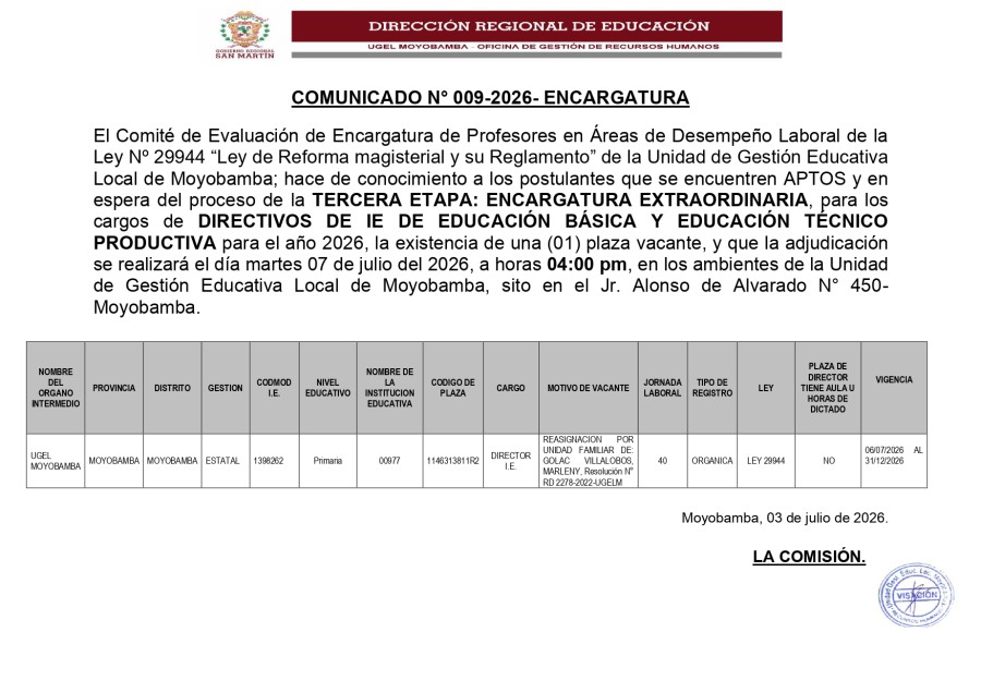 📌𝐂𝐎𝐌𝐔𝐍𝐈𝐂𝐀𝐃𝐎 𝐍&deg; 𝟎𝟎𝟗-𝟐𝟎𝟐𝟔- 𝐄𝐍𝐂𝐀𝐑𝐆𝐀𝐓𝐔𝐑𝐀.