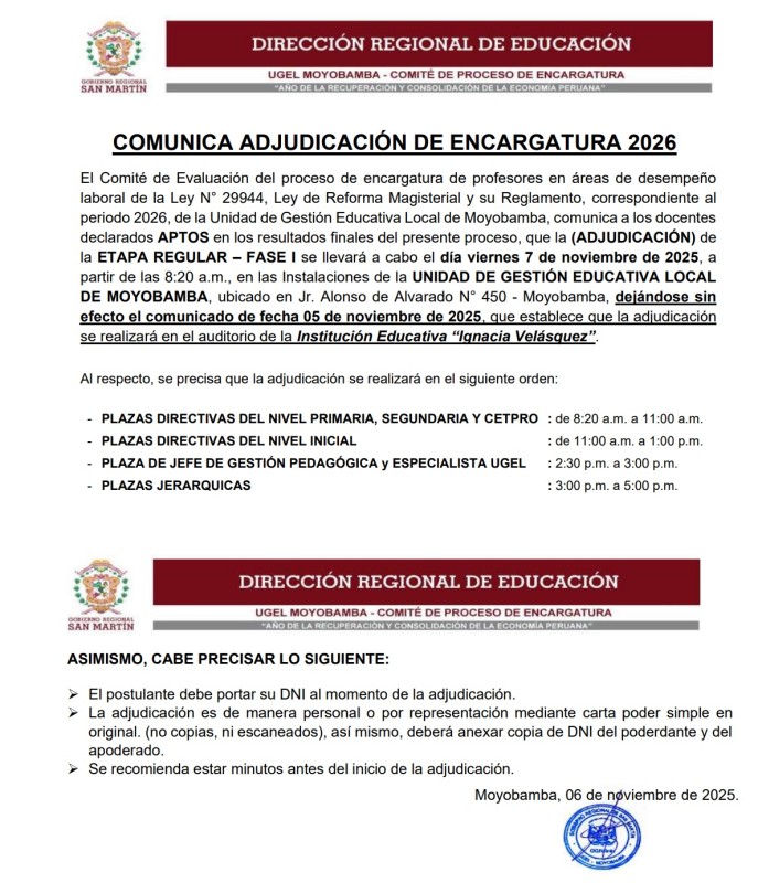 COMUNICA ADJUDICACIÓN DE ENCARGATURA 2026