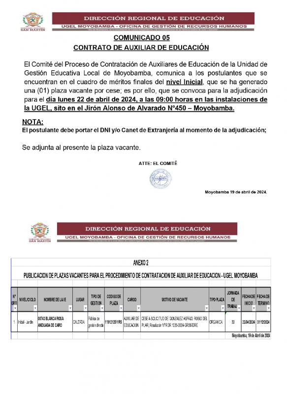 📍COMUNICADO 05 CONTRATO DE AUXILIAR DE EDUCACIÓN