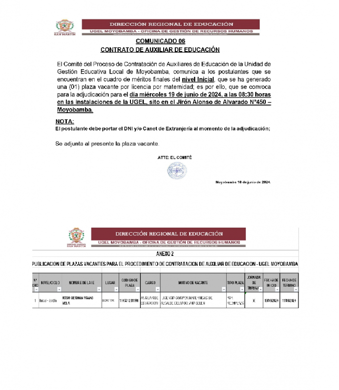 📍COMUNICADO 06 - CONTRATO DE AUXILIAR DE EDUCACIÓN.