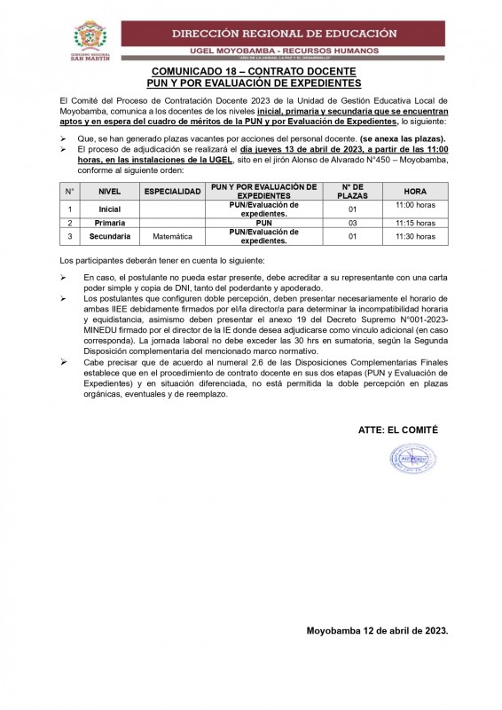 📌COMUNICADO 18 – CONTRATO DOCENTE PUN Y POR EVALUACIÓN DE EXPEDIENTES