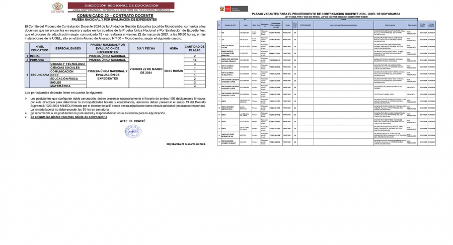 📌COMUNICADO 20 – CONTRATO DOCENTEPRUEBA NACIONAL Y POR EVALUACIÓN DE EXPEDIENTES.