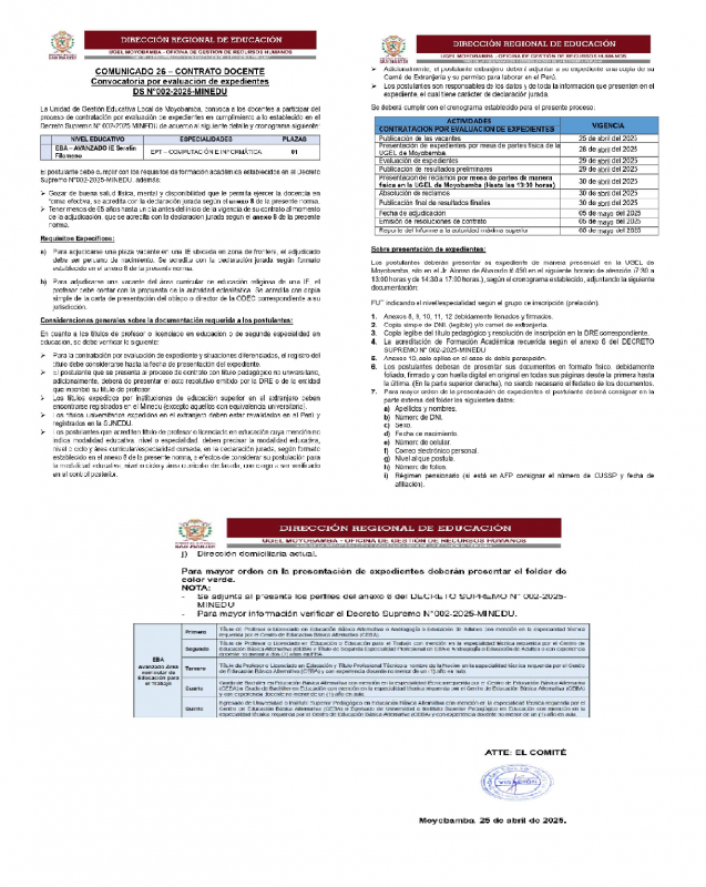 📌COMUNICADO 26 – CONTRATO DOCENTE Convocatoria por evaluación de expedientes