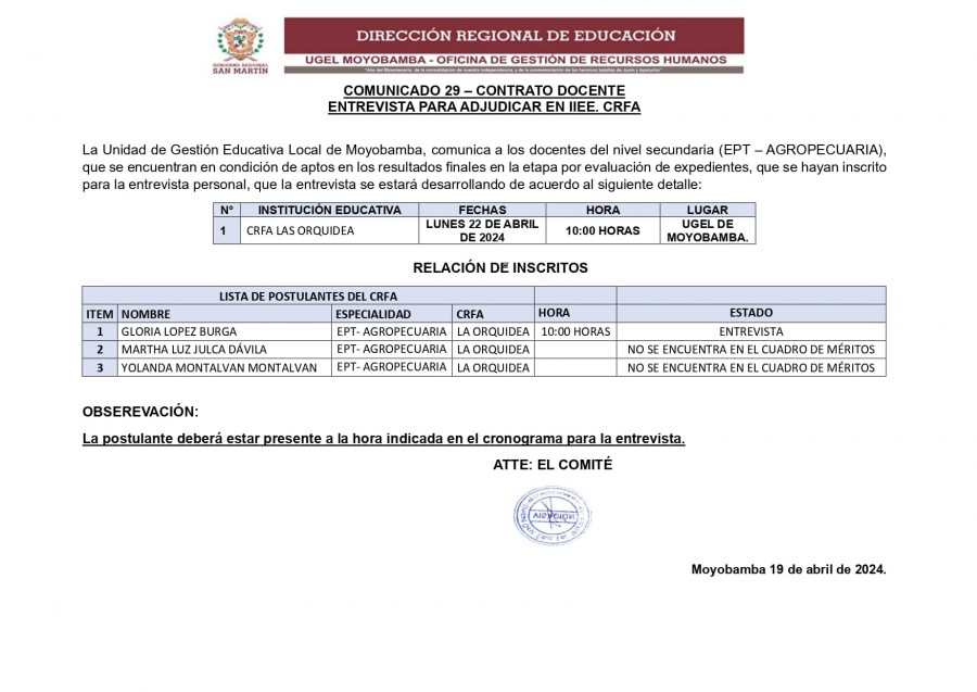 📌COMUNICADO 29 – CONTRATO DOCENTE- ENTREVISTA PARA ADJUDICAR EN IIEE. CRFA