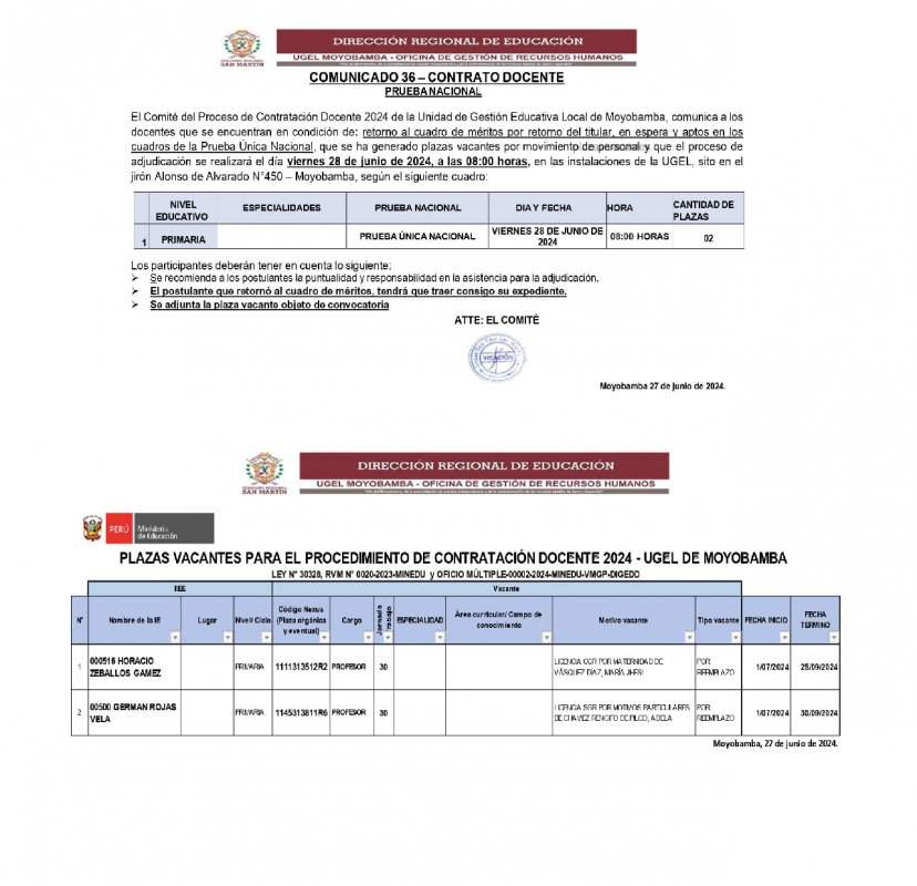 📌COMUNICADO 36 – CONTRATO DOCENTEPRUEBA NACIONAL